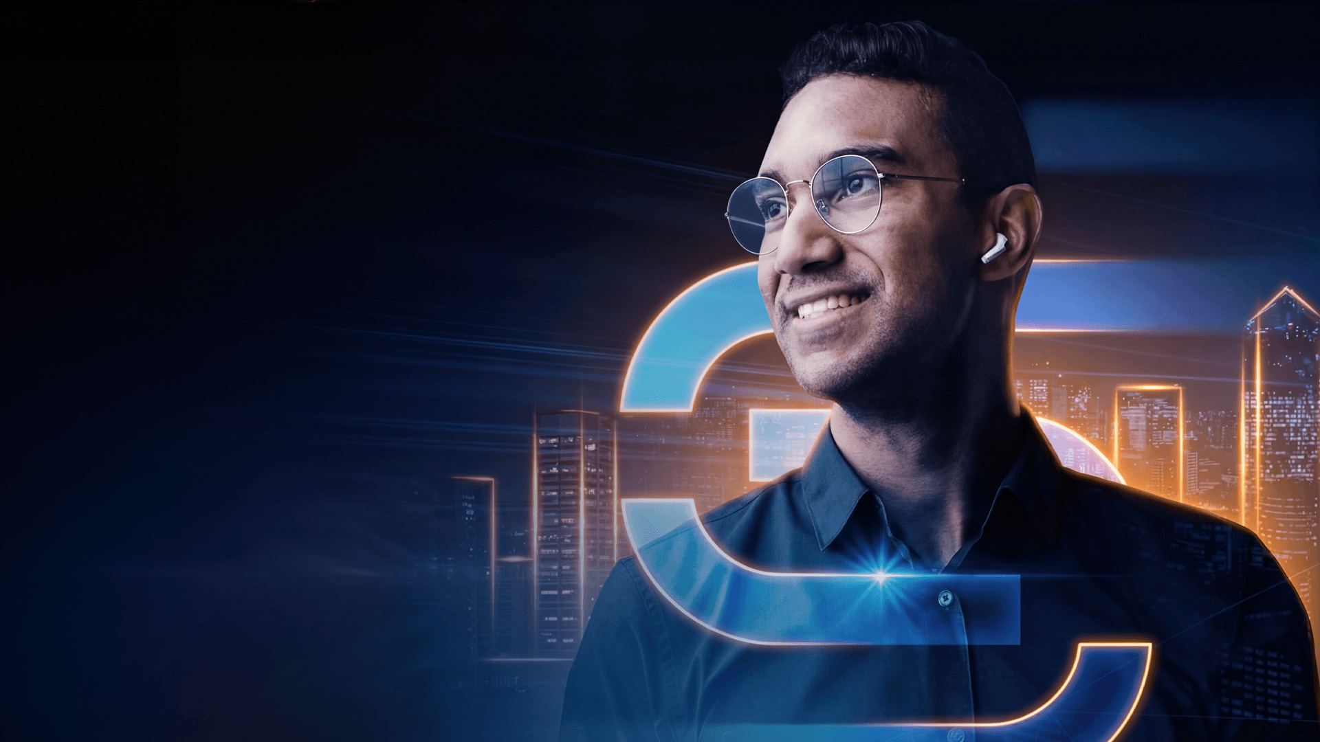 Homem com fone bluetooth em cenário futurista.